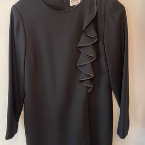KASPER A.S.L. DRESS SIZE 8P BLACK VINTAGE RUFFLE/BROCH EMBELLISHED DRESS